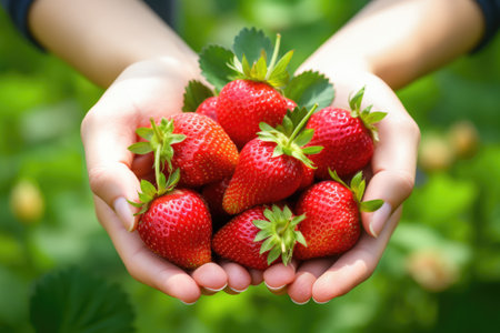 Ripe strawberries in woman hands on the sunny green garden backgroundの素材