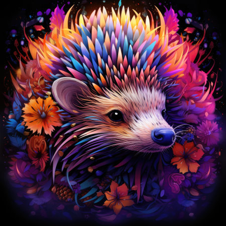 Colorful hedgehog mandala art on black background. Design print for t-shirt, mug, pillow, sticker, case, emblem, tattoo and puzzleの素材