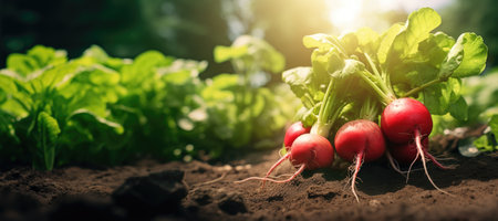 radish grow in the vegetable garden in sunny day. Harvest farming conceptの素材