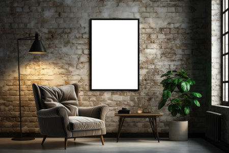 frame with blank poster mockup in room in modern loft style in gray colors with table, armchair and green plants.の素材