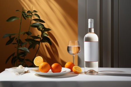 a glass of alcoholic cocktail with orange on a white table against a orange wall. Minimalism.の素材