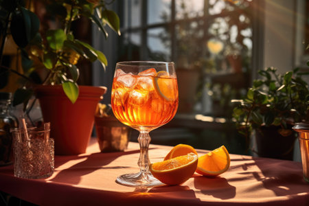 alcoholic cocktail with orange on the table in sunset. Outdoor nature backgroundの素材