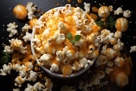 Popcorn with syrup in bowl on dark backgroundの素材