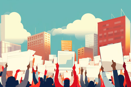 flat illustration of Peoples crowd holding blank white empty banners. Rear viewの素材