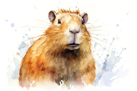 watercolor cute capybara in the water with splashes on white backgroundの素材