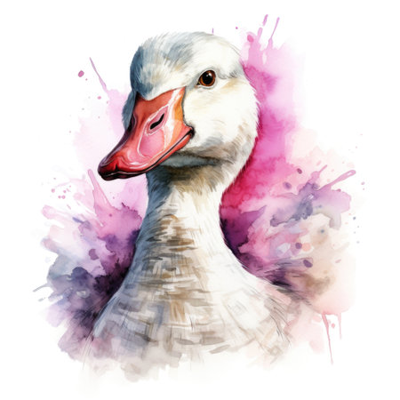 watercolor wild goose in the water with splashes on white backgroundの素材