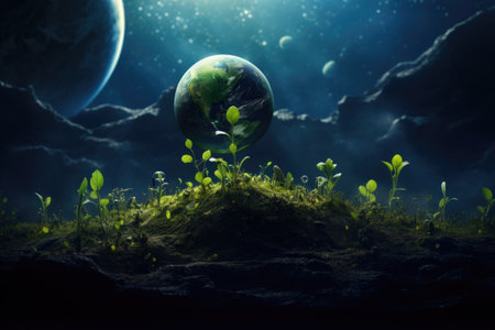 Spring small green sprout grows on the ground. On nature fantastic background.の素材