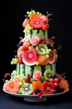 birthday cake from watermelon and berries on dark background. Generative AI contentの素材