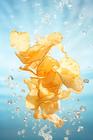 flying potato chips on a blue background with clouds. Levitation advertising concept.の素材