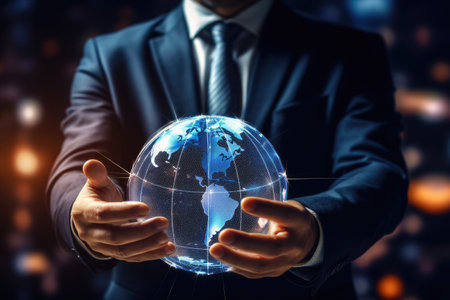 Lighting transparent globe with connections in Businessman hands. internet and communication conceptの素材