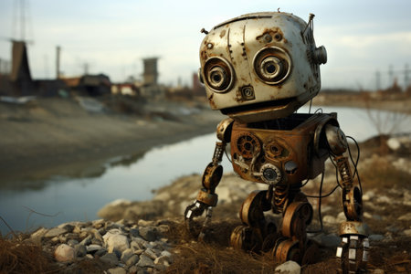 Cute robot with big eyes in the street of townの素材