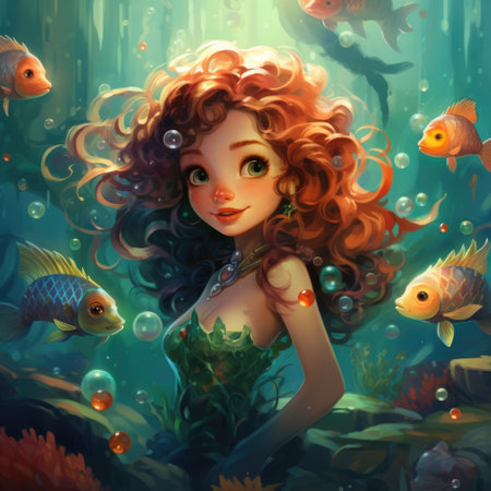 Illustration of beautiful cute little mermaid. Underwater princess.の素材