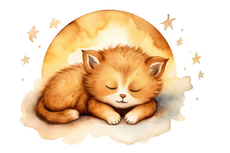Cute cartoon watercolor cat sleeping on cloud on white backgroundの素材