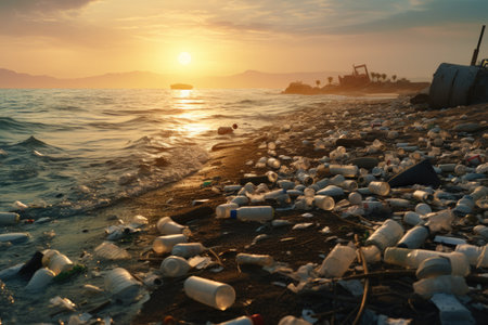 Much trash on the ocean shore. problem of pollution and ecology of the seaの素材