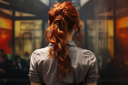 Beautiful slim woman with long red hair. Rear viewの素材