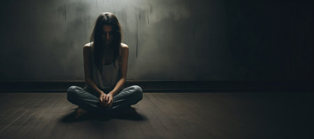 depressed woman sit on the floor in room with light from windowの素材