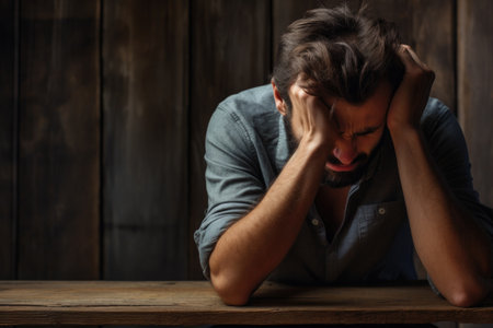 Depressed man crying with head up on hands on dark background. Portraitの素材