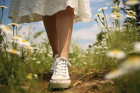 Foots of girl in shoes on white daisies field. bottom viewの素材