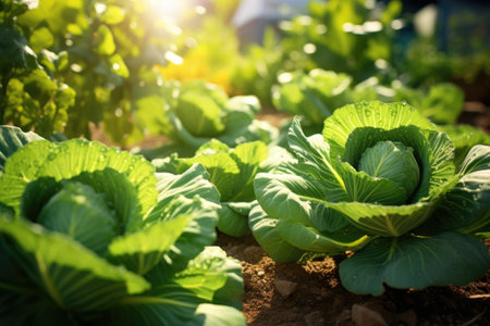 Cabbages grow in the vegetable garden in sunny day. Harvest farming conceptの素材