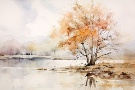 watercolor autumn background with orange seasonal tree on the shore of the lake. Autumn moodの素材