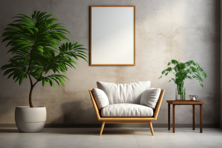 frame with blank poster mockup in room in modern loft style in gray colors with table, armchair and green plants.の素材