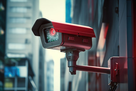 Close up futuristic CCTV security camera in street of smart city. Video controlの素材