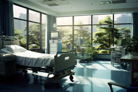 Empty Hospital room with comfortable medical equipment and beds in a modern new clinicの素材