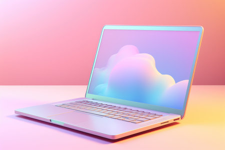 Laptop with clouds background in pink soft pastel color. 3d styleの素材