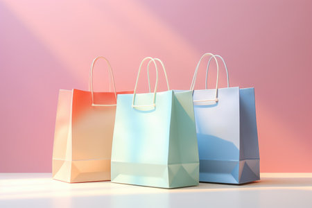 Shopping bag in soft pastel colors on light background. Sale concept in 3d styleの素材