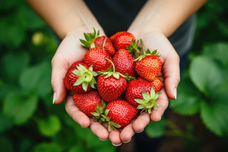 Ripe strawberries in woman hands on the sunny green garden backgroundの素材