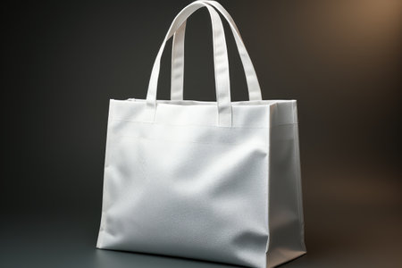 Mock up white blank bag canvas for shopping on wooden table with gray wall backgroundの素材