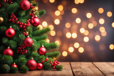 Wooden table mockup with christmas fir tree and decoration. Bokeh background with copy spaceの素材