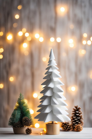 christmas fir tree and decoration on wooden table. Bokeh background with copy spaceの素材