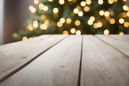 Wooden table mockup with christmas fir tree and decoration. Bokeh background with copy spaceの素材