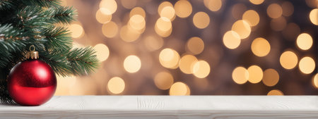 Wooden table mockup with christmas fir tree and decoration. Bokeh background with copy spaceの素材