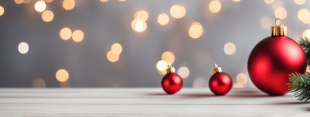 Wooden table mockup with christmas fir tree and decoration. Bokeh background with copy spaceの素材