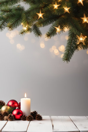 Wooden table mockup with christmas fir tree and decoration. Bokeh background with copy spaceの素材