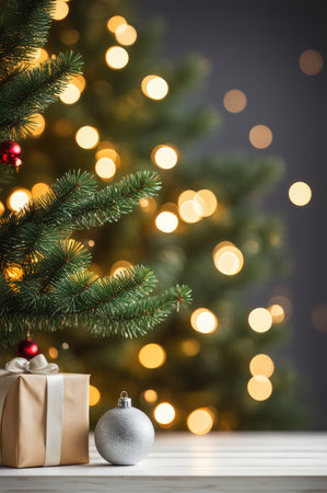 Wooden table mockup with christmas fir tree and decoration. Bokeh background with copy spaceの素材