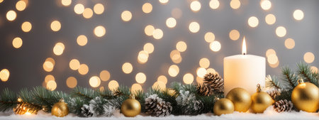 Wooden table mockup with christmas fir tree and decoration. Bokeh background with copy spaceの素材