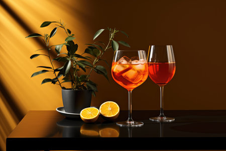 a glass of alcoholic cocktail with orange on a black table against a orange wall. Minimalism.の素材