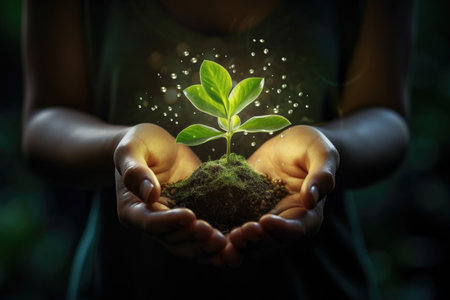 green sprout in fertile land in hands. agriculture concept. Care of the Environment. Ecology concept. Generative AI contentの素材