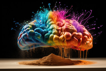 Colorful human brain with rainbow splash on dark background. Brainstorm and inspire creative concept.の素材