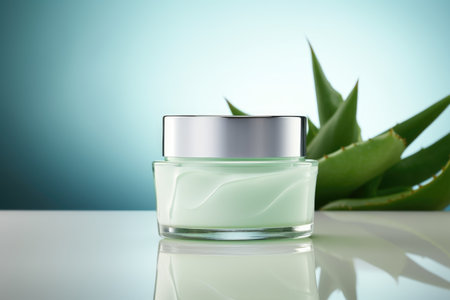 Cosmetic cream blank jar mock up with aloe on light pastel backgroundの素材