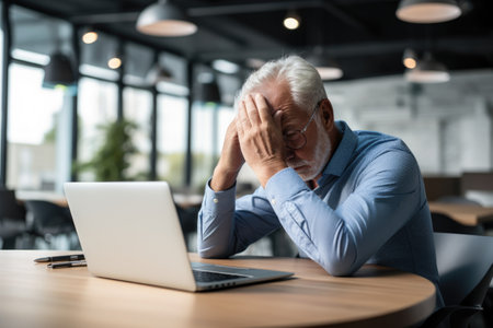 Tired elderly man holding his head in hands. Stress, anxiety, and pressure in business.の素材