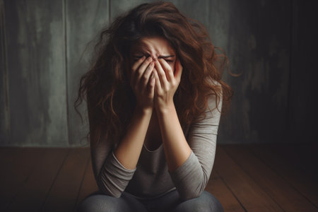 Depressed woman crying with head up on hands on dark background. Portraitの素材