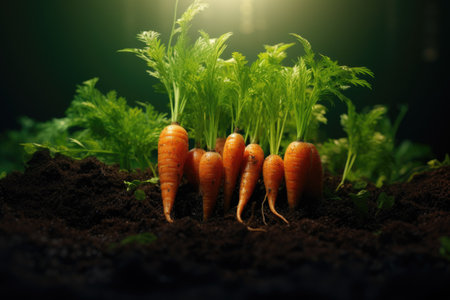 Carrots grow in the vegetable garden in sunny day. Harvest farming conceptの素材