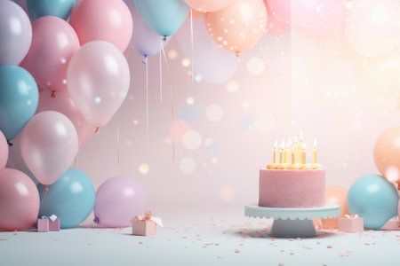 Birthday background with balloons in soft pastel colors. Holliday in 3d styleの素材