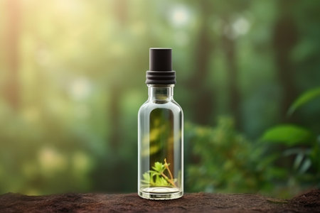 blank glass cosmetic bottle in summer forest with green leaves backgroundの素材