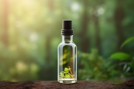 blank glass cosmetic bottle in summer forest with green leaves background