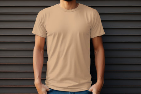 White blank t shirt mock up. Men on wooden wall backgroundの素材
